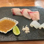 佳肴岡もと - 向付 明石のハマチと剣先イカ