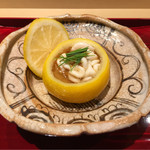 銀座 しのはら - 蒸した米に鱈白子を乗せて、とろみをつけた出汁の餡にちり酢をかけて、芽ネギ