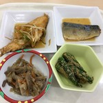 島根大学生協第一食堂 - 料理写真:カレイの餡かけ、鯖味噌煮、オクラ胡麻和え、笹がき牛蒡のきんぴら