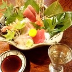 凡蔵 - 凡蔵＠銚子　お刺身盛り合わせと東薫酒造二人静