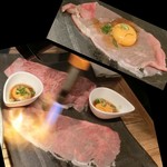 個室焼肉匠 - バーナーで軽く炙ります。驚愕の炙りユッケ590円