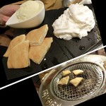 個室焼肉匠 - 炭火焼パンケーキバニラアイス添え490円。パンケーキを炭火で焼きます