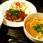 牛たん屋 祇園亭 - 「ザブトン焼肉定食（1,200円）」。うどんの種類はカレーうどんでお願いしました。