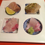 和酒和食の坂 - お造り(シマアジ、ハタ、真鯛・平目・ボタン海老の昆布締め)