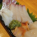 麺哲支店 麺野郎 - おまかせおつまみ(刺身盛り(きんめ、ひらまさ、ヤリイカ、ホタテ))