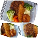 ラ・ブティック・ド・こじま亭 - ◆「ハンバーグ」「白身フライ」「から揚げ」「蒸し野菜」などが盛られていて、どれも少量。 ハンバーグは柔らかく美味しい。白身フライは冷凍品のような印象を受けました。