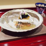 銀座 しのはら - 先付　胡麻豆腐・雲丹・蝦夷鮑・伊勢エビ・白魚・イワタケ・土佐酢煮凝りのかけ