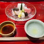 銀座 しのはら - 造り　 明石のハリイカ　大間の黒鮪（トロ）玄界灘の鰆（キャビア乗せ）