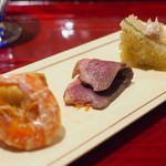 銀座 しのはら - 琵琶湖の鴨・子持ち昆布・海老の揚げ物