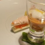 茅乃舎 - 連れのオードブルは鴨が蟹に変えてありました.