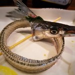 もつ焼 あぶさん - 中骨で作った器に盛られてました