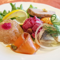 Russian Restaurant ROGOVSKI 銀座 - ザクスカ：前菜盛り合わせ(1人前1600円・外税) にしんの酢漬け、スモークサーモン、蟹のゼリー、豚肉のテリーヌ、ヴィネグレットサラダ、人参とくるみのサラダ