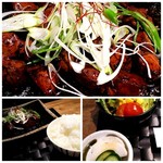 暫 - 上：牛もつ、右下：サラダと漬物、左下：ごはん