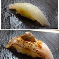 鮨おかだ - ◆上：甘鯛（福岡産）・・２週間熟成させた品ですが、熟成することで旨みが増しています。 ◆下：ノドグロ肝のせ・・前回も頂きましたが、脂が乗り美味しいこと。肝ももいいお味。
