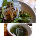 Yakiniku Ryuuen - ◆上：野菜サラダ・・シンプルな野菜サラダですが、ドレッシングがいいお味でした。 ◆下：わかめスープ。お味付もよく美味しい。
