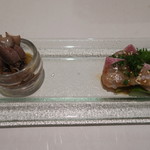 中国彩膳 にじょう - 29年2月　ホタルイカ紹興酒漬け、カンパチシークァーサーと豆板醤ソース