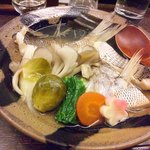 設楽 - 魚の蒸し物。2017.02芽キャベツのほろ苦い味が秀逸