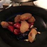 organ - 鱈のほほ肉のフリットと茄子、トマト、葉野菜のサラダ