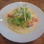 クルクル - 水菜と蘇鉄トマト、たらこのクリームスパゲティ