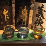 旬草　hide - プレミア３種飲み比べ...(左から)作しぼりたて生酒、鳳凰美田ブラックフェニックス、義侠60%生原酒