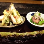 大どころ - ◆お料理盛り合わせ・・「焼きそら豆」「熊本の筍とアオサの天ぷら」「茶ブリ海鼠と春野菜のおろし和え」