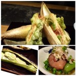 大どころ - ◆上：「熊本の筍とアオサの天ぷら」・◆左下：焼きそら豆。塩で頂きますが、甘みを感じます。 ◆右下：「茶ブリ海鼠と春野菜のおろし和え」