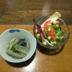 うらら - 前菜のナスの煮びたし、サラダ