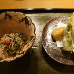 おかもと - 蟹の和え物、白魚、タラの芽、筍の天婦羅
