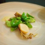 イルネッソ - 新ごぼうを巻いたホテタのソテー　スナップえんどうとそら豆、芽キャベツ添え