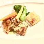 Ikan Restaurant and Bar - Main: Duet of chicken and snapper fillet, bedgul vegetable, potate galette and basil sauce