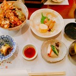 Washokudokoro Kenken - 海老野菜天丼と刺身
                        お味噌汁　野菜の漬物付き
                        食後のデザートには、ようかん