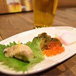 Nakamuraya - 前菜。かま刺し・松前漬け・牡蠣のオイル煮。