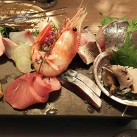 さかなや別邸 - （2017念2月　訪問）雲丹付きお刺身膳の刺身、UP。鰺や〆鯖、カンパチの他、牡丹海老や大トロ、鮑まで並ぶ豪華ラインナップ。