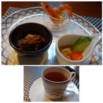 星期菜 白金 - ◆前菜盛り合わせ・・海老のシャンパン蒸し・穴子の醤油煮・クラゲなど。 ◆ウーロン茶が出されます。お代わり可能。