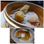 星期菜 白金 - ◆点心3種盛り合わせ。香港で頂くのと同じ調味料で・・ 「海老餃子」「フカヒレ餃子」「上海焼売」。