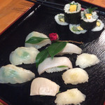 魚夢 - ヒラメ、オコゼ、エンガワ握り、ヒラメ巻き寿司