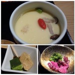 海山邸 - ◆茶碗蒸し・・卵汁のお味が好みではないですね。 小さくカットした「鶏肉」や「しめじ」などが入っていますが、「銀杏」が入っていないのは残念。 ◆デザートは「わらび餅風」