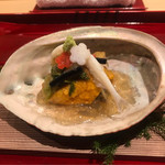 銀座 しのはら - 鮑、雲丹、白魚、京ニンジン、山芋、山椒、土佐酢ジュレ