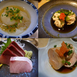 割烹くずし 徳多和良 - 【税込み価格】新玉ねぎ鳥スープ煮324円・鱈白子ポン酢540円・寒ブリ刺432円・あん肝324円