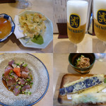 割烹くずし 徳多和良 - 【税込み価格】たこの卵土佐酢かけ324円・小柱天ぷら324円・かつを、にんにくたたき432円・茄子天ぷら324円・カワハギ肝和え540円