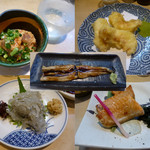 割烹くずし 徳多和良 - 【税込み価格】まと鯛肝和え432円・鬼かさご天ぷら540円・生しらす324円・鮭ハラス焼324円・穴子一本煮432円
