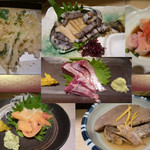 割烹くずし 徳多和良 - 【税込み価格】白魚かき揚げ324円・あわび刺864円・あん肝324円・青柳刺324円・かしら芋と姫鯛煮物324円・天然しまあじ540円。この日は複数人で利用