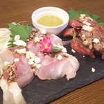 手打ちそば八轟 - 真鯛と牛肉の刺身