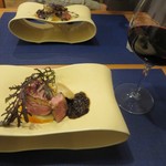 裕の輪 - 朝引きの京都の鴨。ビーニャ・カサ・タマヤというカベルネ ソーヴィニヨンのチリ産赤ワインをグラスで