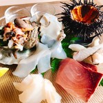 リストランテ マツシマ - 【お造りというかカルパッチョｗ】○サザエ様、鮑様、イカ様、黒雲丹様、クエ様、鰤様、穴子の湯引き様