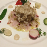 マッシュルーム - 愛媛今治の藤本さんが釣ったイシモチとハナビラタケのカルパッチョ