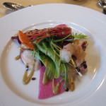 ぼたん海老　縞鯵　明石蛸のサラダ仕立て　橙ポン酢ヴィネグレット　