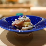 寿しの吉乃 - しめ鯖となすにラフランスのシャーベットかけ