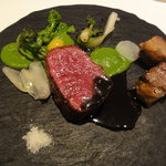 フロリレージュ - ⑥肉料理１：蝦夷鹿のステーキ＋菜の花ペースト