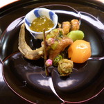 味 ふくしま - 八寸　もろこの南蛮漬け　鰻の八幡巻　新もずく　蛸のジュレ掛け　空豆　蕗のとう味噌　金柑